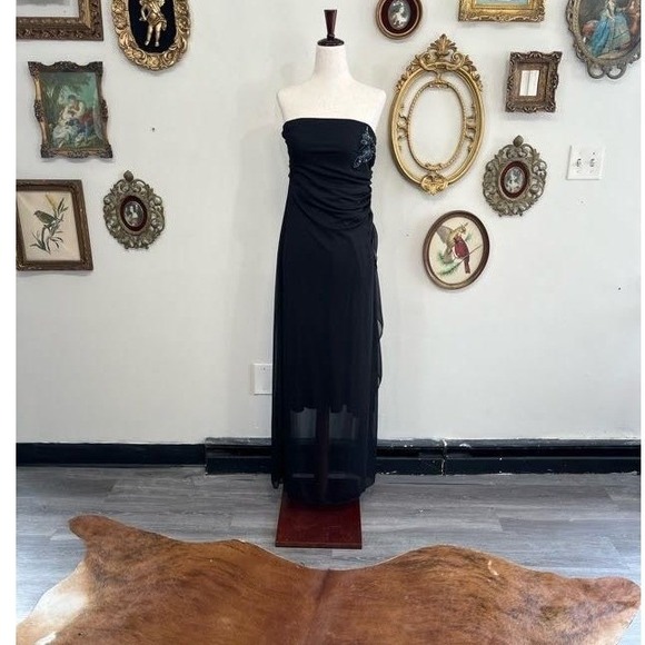 Koji Yohji Dresses & Skirts - Koji Yohji Vintage Y2K Strapless Beaded Maxi Gown - Black Mesh Overlay